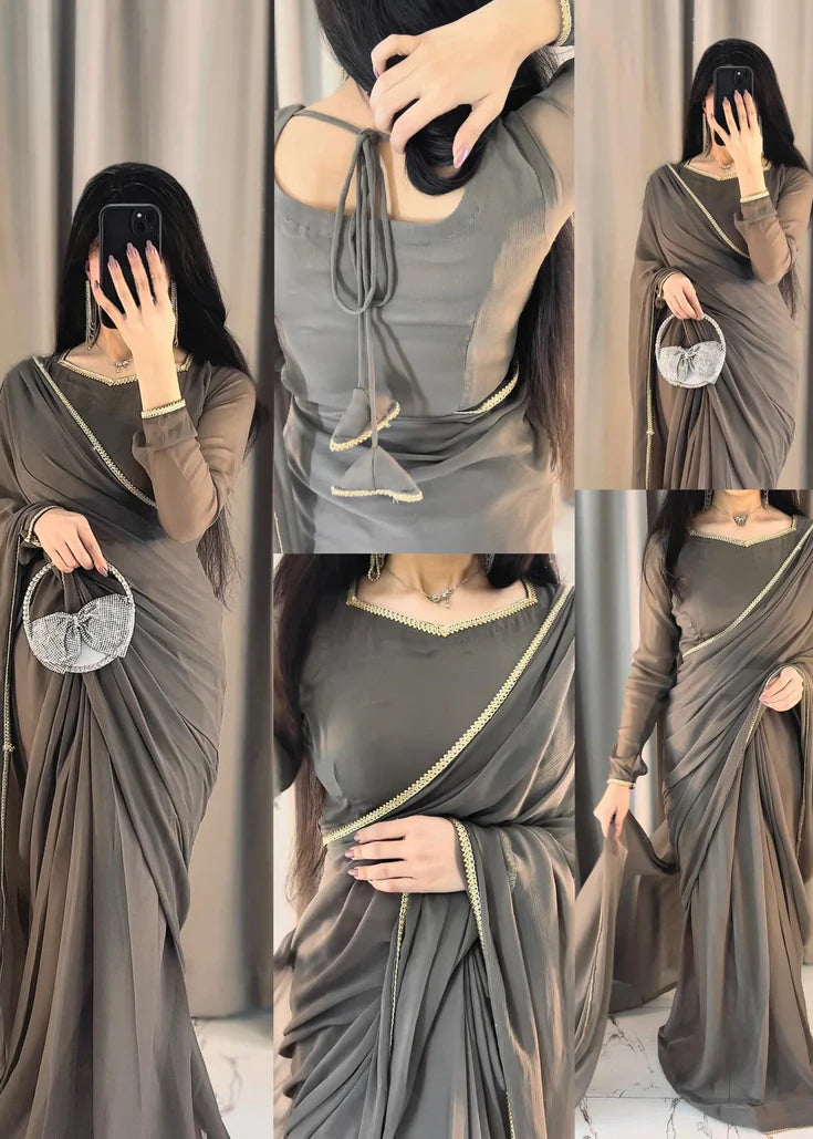 The Smoke & Silver Lace Bordered Chiffon Saree (Ready to Wear)