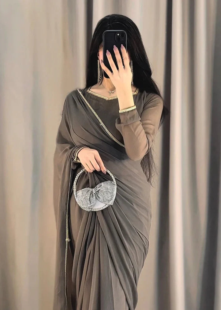 The Smoke & Silver Lace Bordered Chiffon Saree (Ready to Wear)