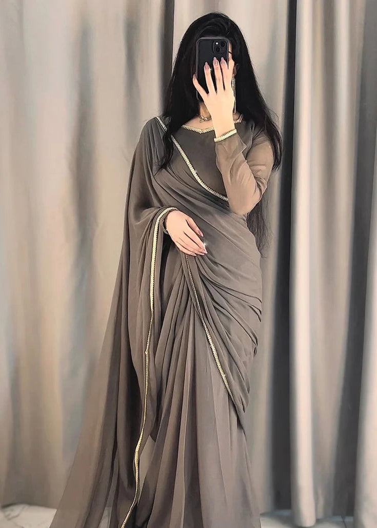 The Smoke & Silver Lace Bordered Chiffon Saree (Ready to Wear)
