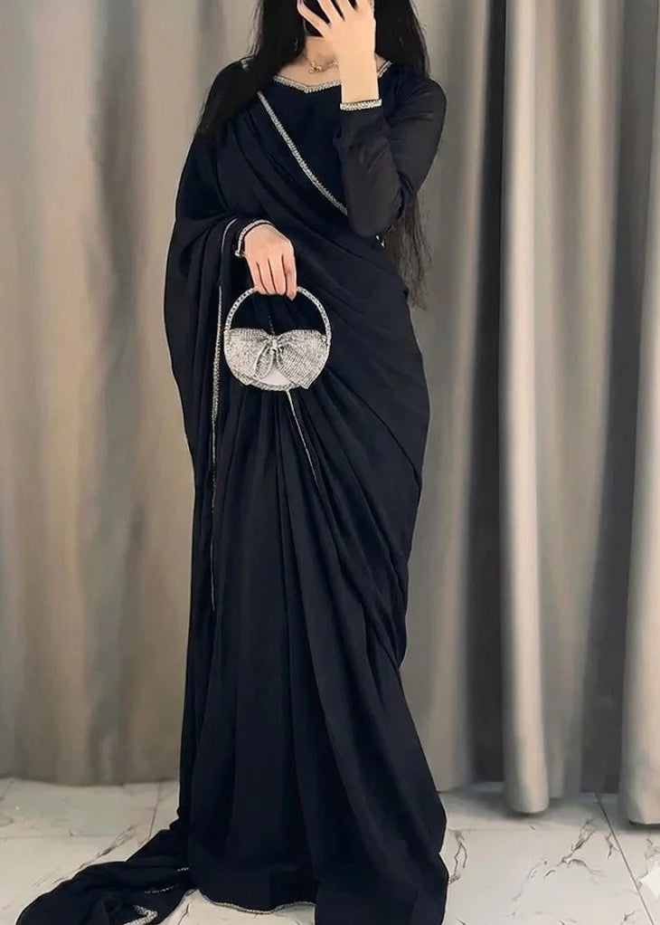 The Smoke & Silver Lace Bordered Chiffon Saree (Ready to Wear)