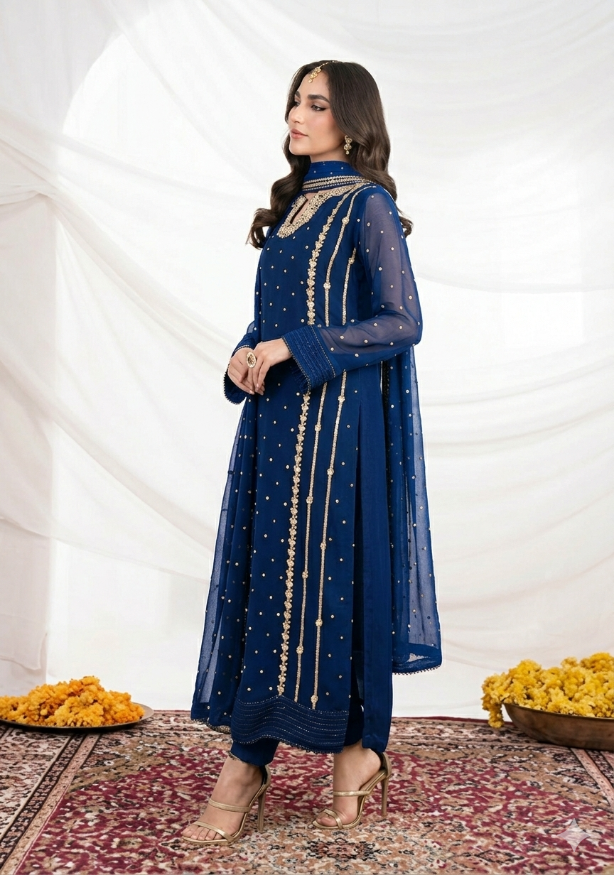 Front Neck Sequence Embroidered 3 Piece Suit