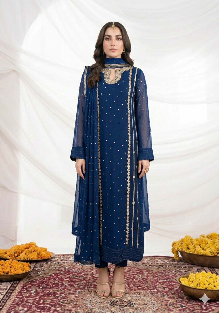Front Neck Sequence Embroidered 3 Piece Suit