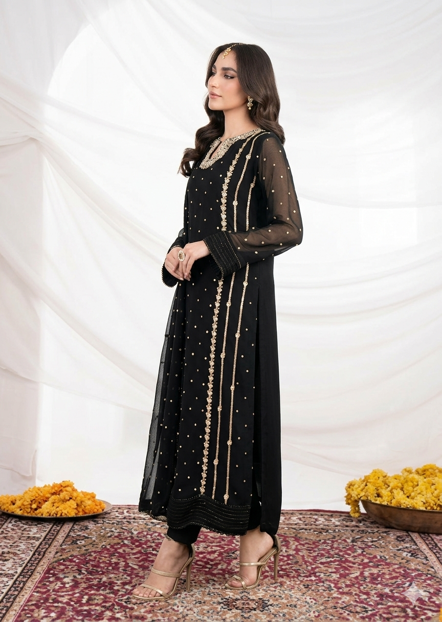 Front Neck Sequence Embroidered 3 Piece Suit