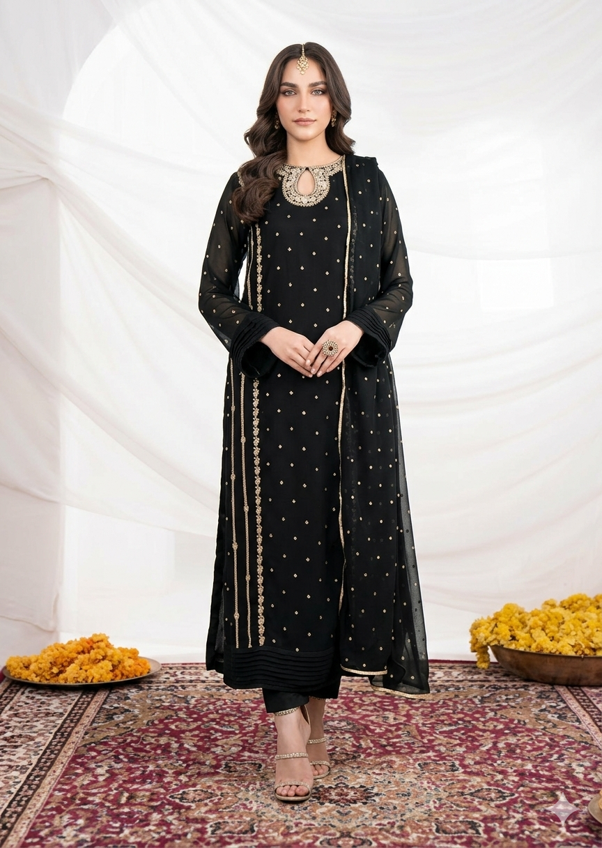 Front Neck Sequence Embroidered 3 Piece Suit
