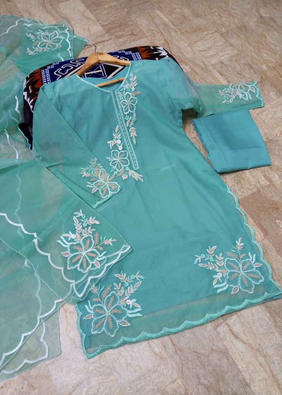 Elegance Touch 3 Piece Embroidered Organza Suit