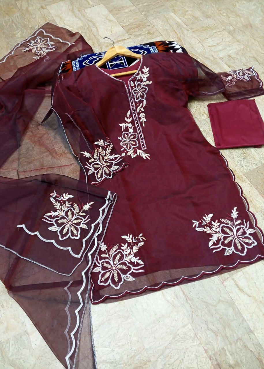 Elegance Touch 3 Piece Embroidered Organza Suit