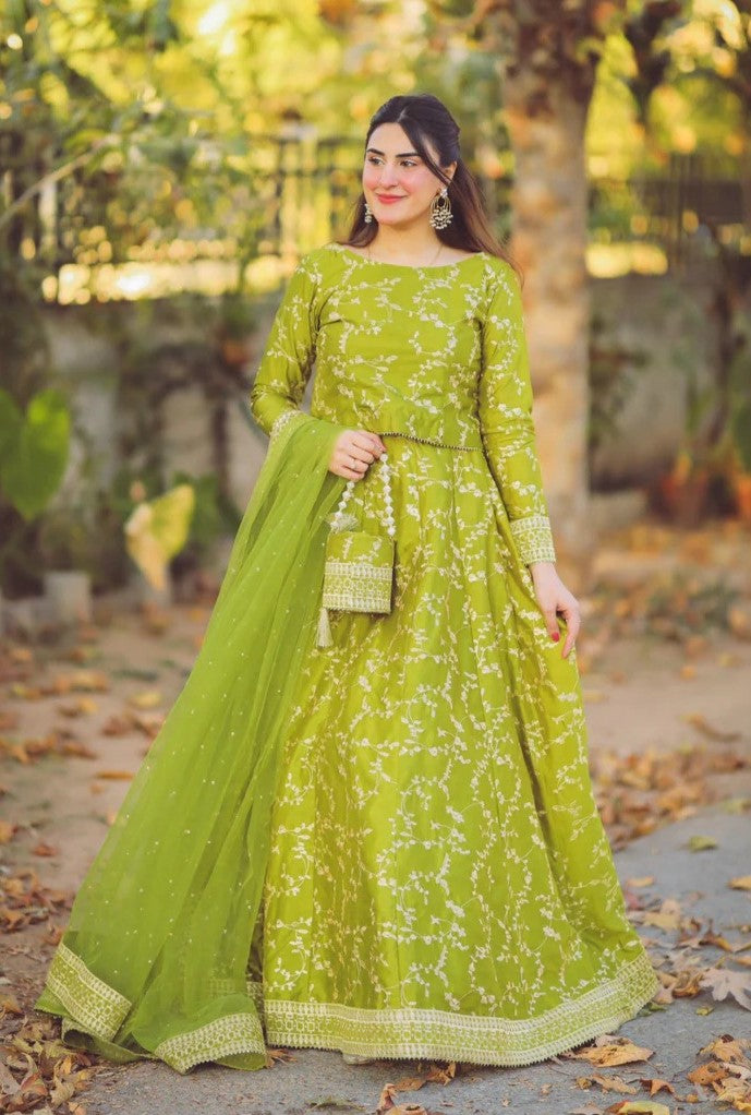 4 Piece Heavy Embroidered Shamose Silk Flare Skirt & Top Ensemble