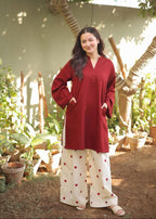 Heart Print Flapper Style V Neck Shirt with Pockets 2 Piece Set for Women