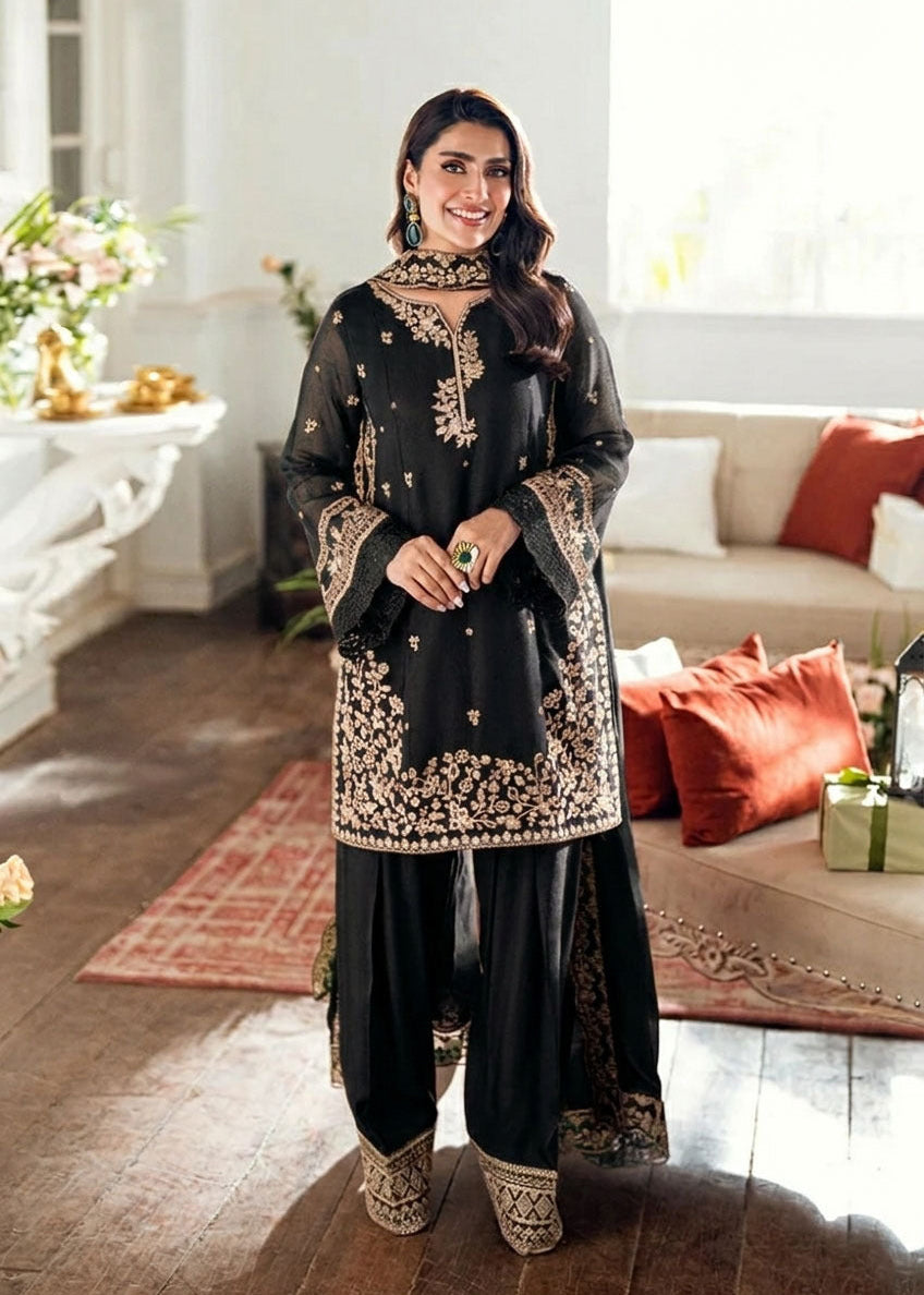 Embroidered 3 Piece Silk Farshi Shalwar Set  Formal Pakistani Suit