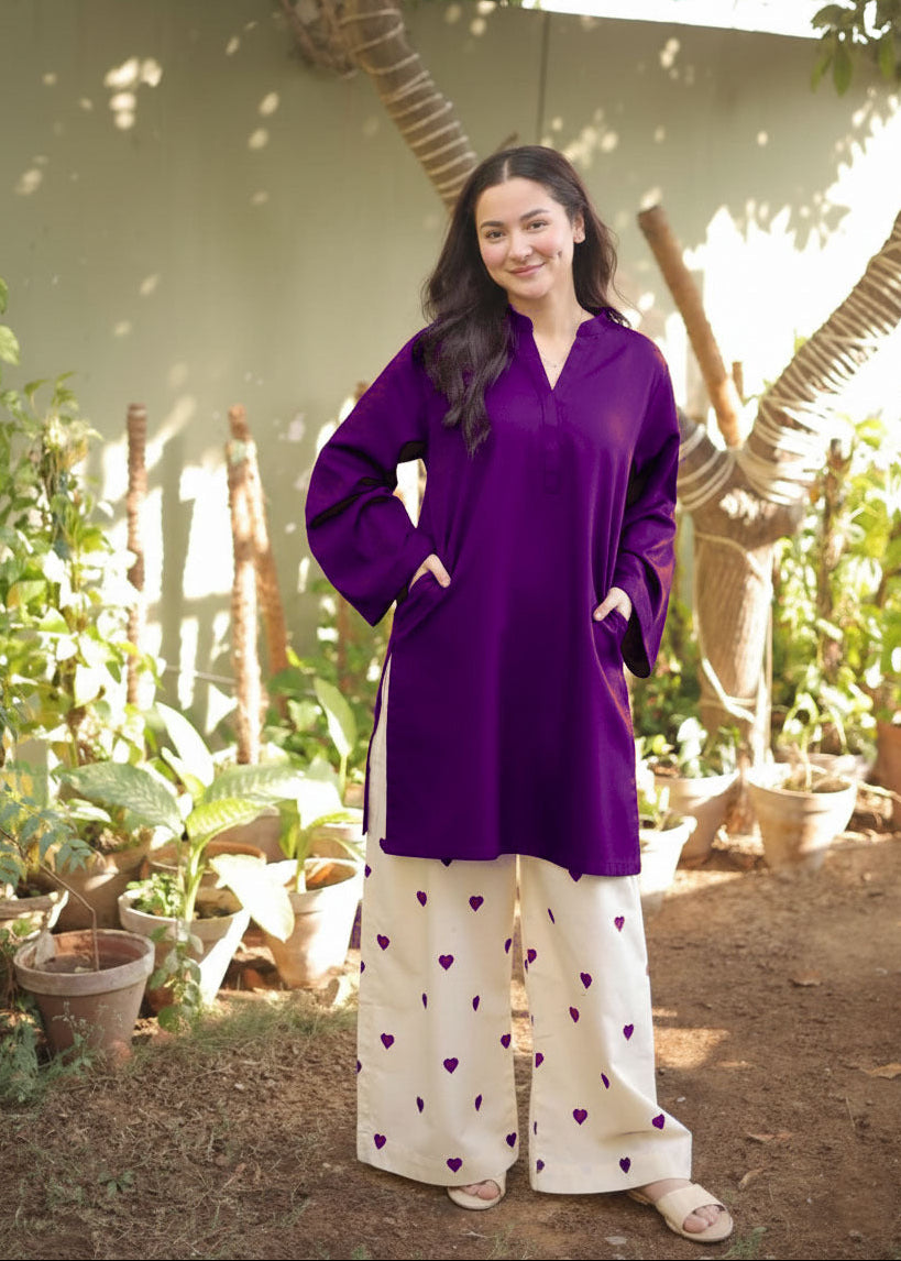 Heart Print Flapper Style V Neck Shirt with Pockets 2 Piece Set for Women