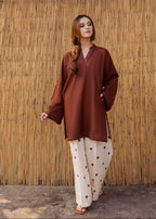 Heart Print Flapper Style V Neck Shirt with Pockets 2 Piece Set for Women