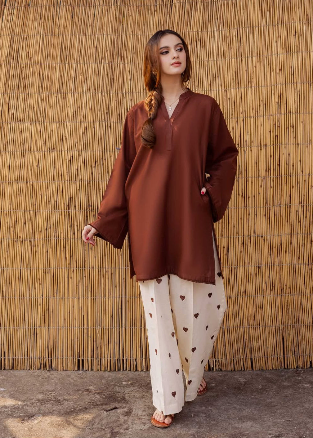 Heart Print Flapper Style V Neck Shirt with Pockets 2 Piece Set for Women