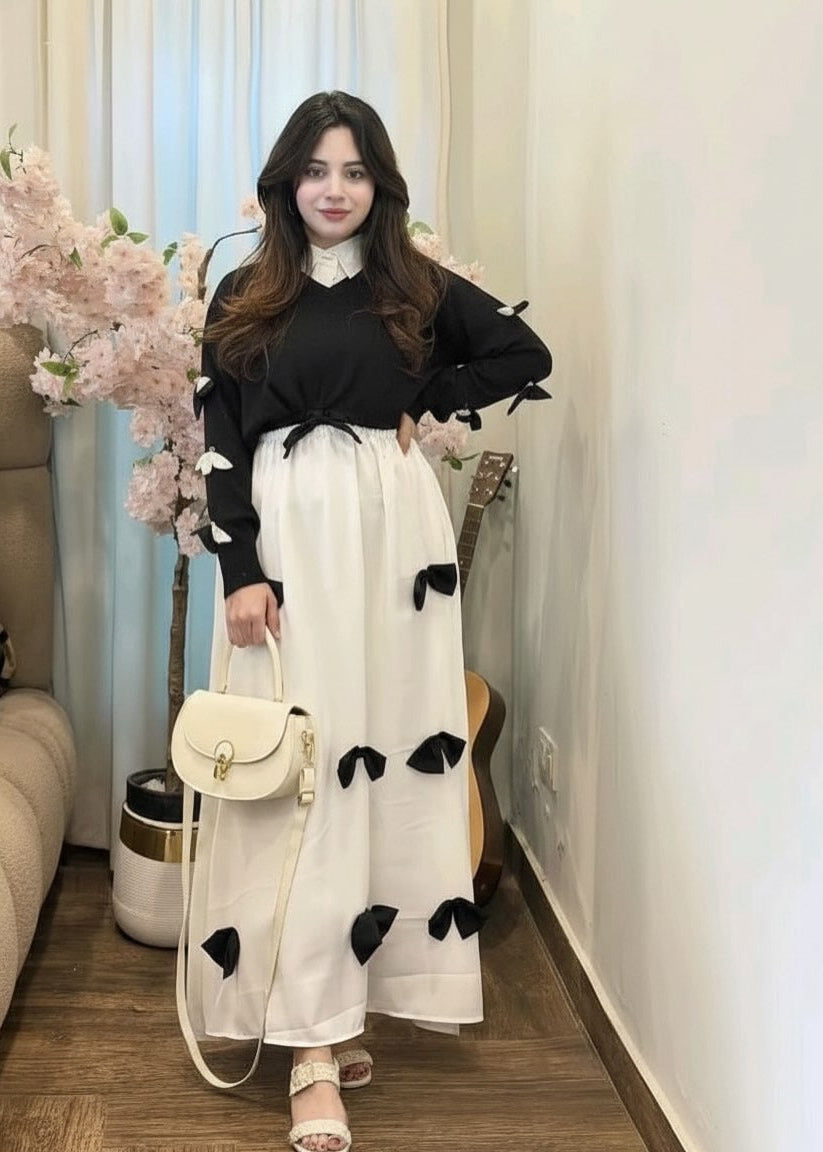Elegant Bow Maxi 2PC Party Wear Set for Women | Chic Formal Dress