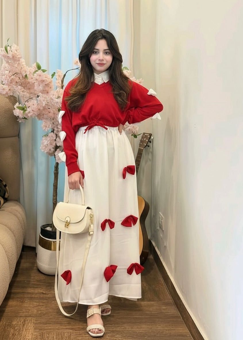 Elegant Bow Maxi 2PC Party Wear Set for Women | Chic Formal Dress