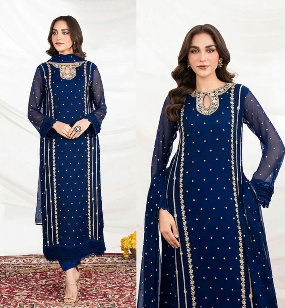 Front Neck Sequence Embroidered 3 Piece Suit