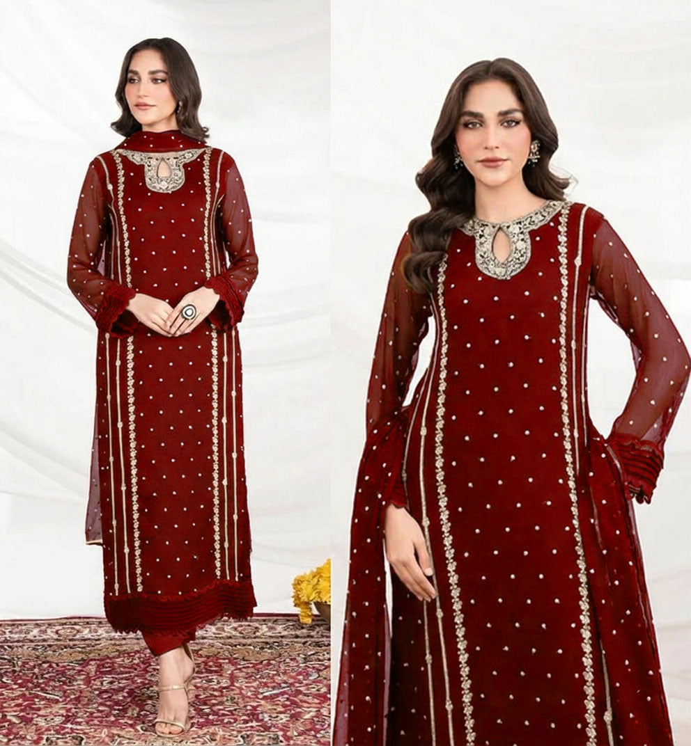 Front Neck Sequence Embroidered 3 Piece Suit
