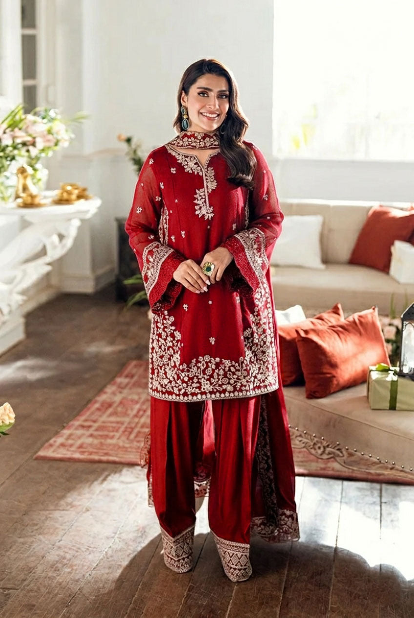 Embroidered 3 Piece Silk Farshi Shalwar Set  Formal Pakistani Suit